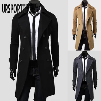 URSPORTTECH Moda Ceket Erkekler Yün Ceket Kış Sıcak Katı Uzun Siper Ceket Göğüslü Iş Rahat Palto Erkek Yün Ceket