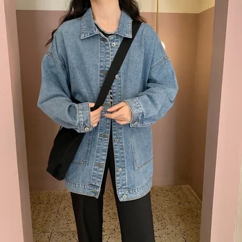 Denim Ceket Üst Kadın Ceket Kore Tarzı Gevşek Orta uzunlukta İlkbahar ve Sonbahar Tüm Maç Yaka Uzun kollu Ceket