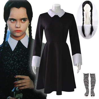 Film Addams Cosplay Çarşamba Addams Cosplay Peruk Siyah süslü elbise Cadılar Bayramı Partisi Kostüm Yetişkin