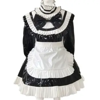 Yetişkin Dev Bebek Seksi Kız Siyah ve Beyaz Renk Eşleştirme İnce Yüksek Boyun PVC Elbise Sissy Japon Hizmetçi Gotik Özelleştirme