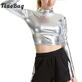Bayan Şık PVC Deri Sıvı Metalik Gömlek Balıkçı Yaka Uzun Kollu Mahsul Tankı Üstleri Elastik Parlak Kutup Dans Clubwear