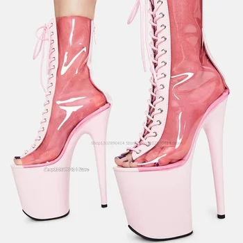 Pembe Pvc Peep Toe Süper Yüksek Platform Çizmeler Orta Buzağı Çapraz Bağlı Kadın Ayakkabı Stilettos Yüksek Topuklu Seksi 2023 Zapatos Para Mujere