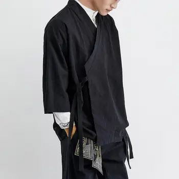 Artı Boyutu Japon Kimono Pantolon Takım Elbise Katı Siyah Retro Erkekler Hırka Streetwear Yukata Geleneksel Japon Samuray Giyim 5XL