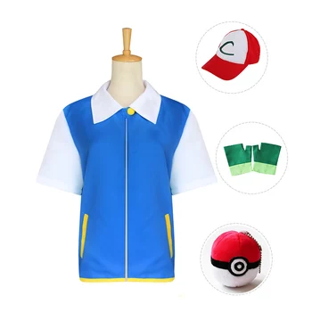Kül Ketchum Kostüm Kız Erkek Erkek Kadın Mavi Ceket Anime Cosplay Ayarlanabilir beyzbol şapkası Eldiven Topu Seti Çocuklar Yetişkinler için