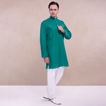 Kurta Hindistan Kostüm Kurtis Etnik Güney Asya Tarzı Yeşil Gömlek Beyaz Pantolon Hindu Giysileri Pamuk Kurtha Hint Giyim Erkekler için