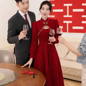 Çin Cheongsam Kırmızı düğün elbisesi Tost Giyim Arka Kapı Elbise Resmi Akşam Qipao Dantel Nişan Elbise Tang Takım Elbise 2023
