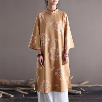 Geleneksel Çin Giyim Kadınlar için Ayakta Yaka Baskılı Orta Uzunlukta Mizaç Elbise
