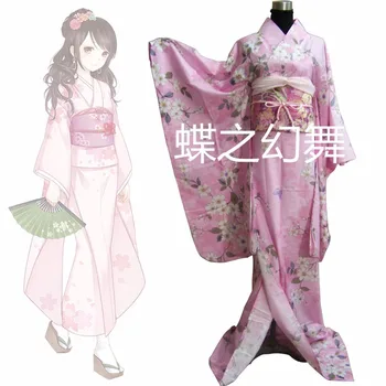 Japon Kadın Pembe Çiçek Uzun Furisode Kimono Geleneksel Cosplay Kostüm