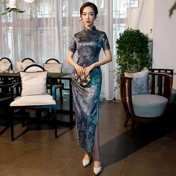 Retro Cheongsam Kadınlar Uzun Zarif 2023 Podyum Kostümleri Geliştirilmiş Çin Geleneksel Gece Elbisesi Retro Qipao Giyim