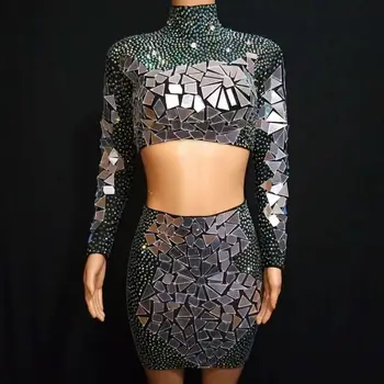 Sparkly Rhinestones İki Adet Etek Kostüm Kıyafet Kadın Şarkıcı Dansçı Giyim Siyah Sahne Giyim Doğum Günü Koleksiyonu Seti DWY2946