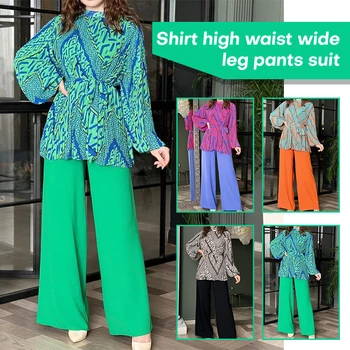 Kadın Pilili Gömlek Geniş Bacak pantolon seti Kabarcık Kollu Gömlek Yüksek Bel Pantolon 2 Parça Set Bayan Moda Bahar Streetwear Setleri