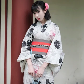 Kadın Geleneksel Kimono İmitasyon Keten resmi giysi Yukata Krizantem Uzunluğu 135 cm