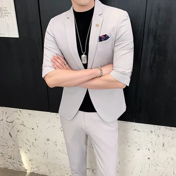 (Jackt + Pantolon) 2023 2 adet Set Erkek Takım Elbise Yarım Kollu Bahar Yaz İnce İngiliz Kısa Kollu Blazer Ceket Trend Erkek Tasarımcı Smokin