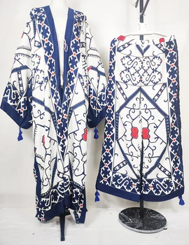 Afrika Kadın Moda Kıyafetler Baskılı İki Adet Set Artı Boyutu Bohemian Kuveyt Gevşek Kaftan Pantolon + Uzun Kimono Parti İçin