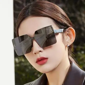 2023 Yeni Bayan Moda Yarım Çerçeve Yüksek Dereceli D Şeklinde Güneş Gözlüğü Degrade Lensler Vintage Büyük kare çerçeve güneş gözlüğü Kız
