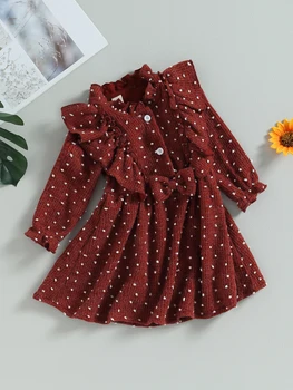 Bebek Kız İsviçre Nokta Ruffles Düğmeler Uzun Kollu Elbise-Sevimli Sonbahar günlük kıyafetler Küçük Prensesiniz için