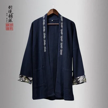 Çin Tarzı Erkek Keten İşlemeli Retro Trençkot erkek Gevşek Hırka Orta uzunlukta Ceket Erkek Ceket
