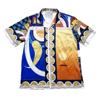 Yaz Çift Spor Baskı Gömlek Takım Elbise İpek Kumaş Kazablanka Degrade Erkek Kadın Severler Hawaiian Erkek Gömlek