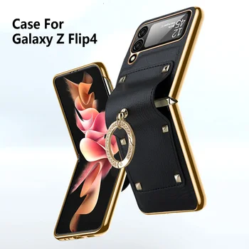 Lüks Kore Katı Deri Koruma Glitter Yüzük samsung kılıfı Galaxy Z flip4 Z Flip 3 4 5G Z Flip3 Zflip3 Kapak