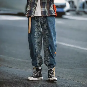 Retro erkek Kot Kargo Pantolon Gevşek Pantolon Erkek Sonbahar Kış Hip Hop Tarzı Dikiş Japon Streetwear Koşu Mens Pantolon