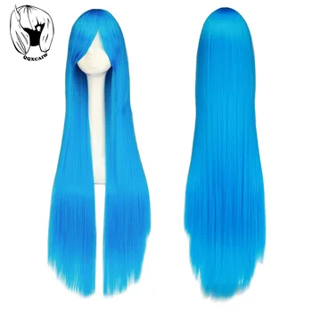 QQXCAIW Cosplay100cm uzun mavi sentetik saç peruk cadılar bayramı Anime kostüm düz ısıya dayanıklı peruk