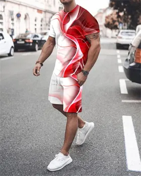 Yaz T-shirt Seti Erkekler İçin Moda Büyük Boy Rahat Kıyafet 2 Parça Tee Şort Takım Elbise Retro 3D Baskılı Eşofman Jogger Spor