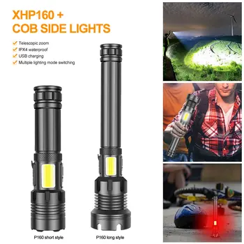 XHP160 COB kırmızı / beyaz ışık Zomable taktik el feneri USB şarj edilebilir su geçirmez avcılık parlama el feneri Torch 18650/26650