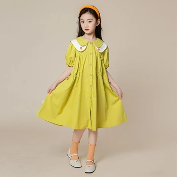 Kızlar Pamuk Elbise Yaz 2023 Yeni Nakış Çiçek Bebek Yaka Çocuk giyim Sevimli Çocuk Gömlek Elbiseler Tek Göğüslü