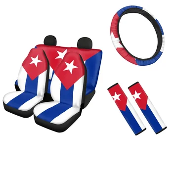 Küba Bayrağı Baskı Evrensel Ön ve Arka Araba koltuk minderi Otomatik direksiyon kılıfı Seti Çoğu araç emniyet kemeri Pedleri Kapakları