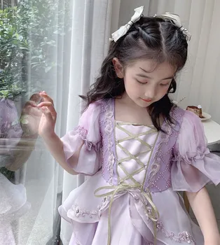Yaz Kız Prenses Elbise Yüksek kaliteli el işlemeli tatlı mor kız elbisesi
