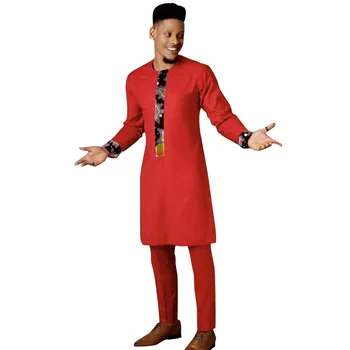 Şenlikli Kutlama Kırmızı erkek Setleri Nigrian Moda Patchwork Üstleri Katı Pantolon Damat Takım Elbise Afrika Düğün Parti Kıyafetleri