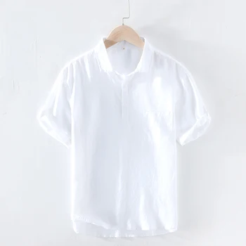 Saf Keten Kısa Kollu Gömlek Erkekler için Yaz Yeni Moda Kazak Tops Erkek Casual Katı Beyaz Turn-aşağı Yaka POLO GÖMLEK