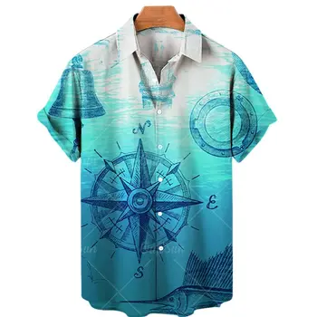 2022 Yeni Unisex Retro erkek gömleği Gevşek Kısa Kollu erkek havai gömleği Yelkenli Pusula Deniz 3d Baskı Retro Artı Boyutu Gömlek