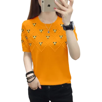 Işlemeli Kısa kollu büyük boy T-shirt kadın Yaz Yeni Yuvarlak Boyun Taban Gömlek Kore Örme Zayıflama Üstleri
