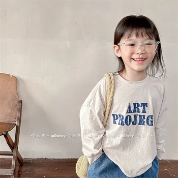 2023 Bahar Yeni Çocuk Uzun Kollu T Shirt Moda Mektubu Baskı Kızlar Tee Pamuk Bebek Casual Tops Gevşek Erkek Dip Gömlek