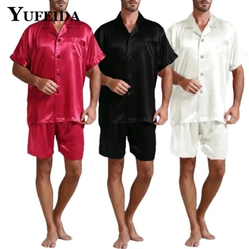 YUFEIDA erkek Ipek Saten Pijama Setleri Kısa Kollu Loungewear Artı Boyutu Iki Parçalı Kıyafeti Yaz Moda Lüks Erkek Pijama