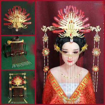 Kırmızı Altın Büyük Phoenix Saç Tiara Yüz Perde Maskesi Antik Çin Prenses İmparatoriçe Düğün Tiara TV Oyun veya Fotoğraf Kullanımı