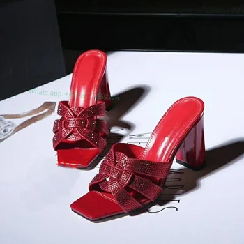 Deri Tıknaz Yüksek Topuk Taklidi Terlik Lüks Elbise Kadınlar Burnu açık Dış Terlik 2023 Bayan Ayakkabıları