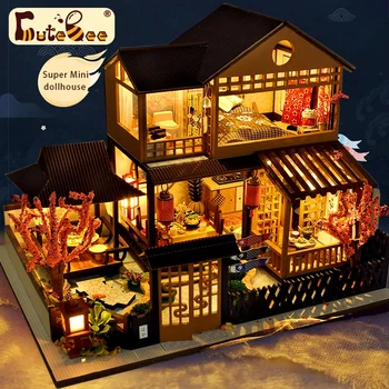 Cutebee Süper Mini Ahşap Bebek Evi Mini Sakura Bahçe Evi Mobilya Yapı Kiti Oyuncaklar Çocuk Hediyeler için