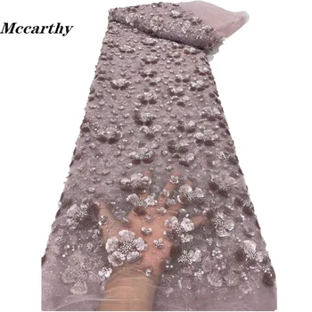 Mccarthy 2023 Lüks Fransız Düğün Gelin Dantel Kumaş El Yapımı İşlemeli 3D Boncuklu Tül Dantel payetli kumaş 5 Metre