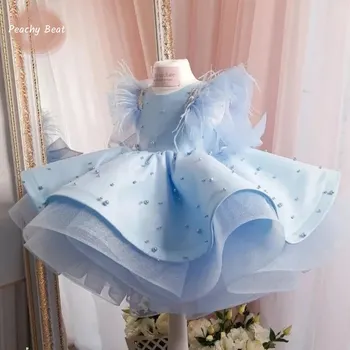 Fashiom Bebek Kız Prenses Tüy Tutu Elbise Bebek Yürüyor Çocuk Yay Inci Vestido Parti Doğum Günü Bebek Giysileri 1-12Y