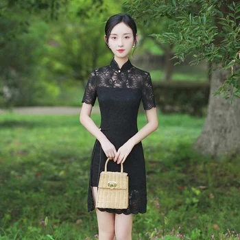 Cheongsam 2023 İlkbahar ve Yaz Yeni kadın Siyah Genç Günlük Moda Slim Fit Kısa Dantel Çift Katmanlı Modifiye çin elbisesi