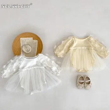 2023 Sonbahar Yeni Yenidoğan Bebek Kız Tam Kollu Örgü 3D Çiçek O-boyun Tek parça Bebek Çocuk Tulumları Toddler Bodysuits 0-3Y