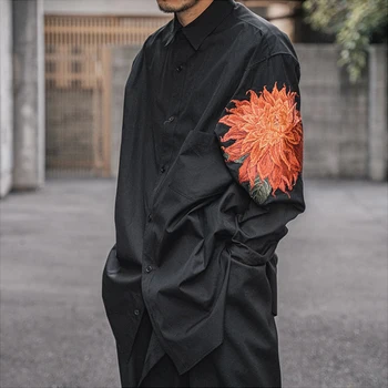 Yohji Yamamoto 22SS Nakış Dahlia Çiçekler Ve Bitkiler Erkekler Ve Kadınlar İçin Uzun Kollu Gömlek