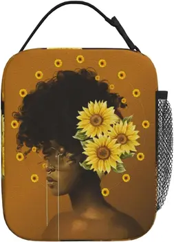 Afro-Amerikan kadın öğle yemeği çantası Afro siyah kraliçe ısı yalıtımlı yemek kabı sızdırmaz dayanıklı taşınabilir kullanımlık çanta Tote