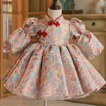 Çin Çiçek Kız düğün elbisesi küçük Kız Elbise Uzun kollu Baskı Tasarım Bir yaşındaki Prenses Elbise Çocuk Konak Elbise