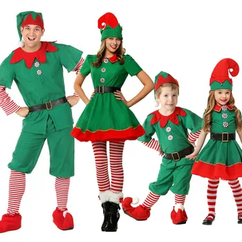 2022 Yeni Bebek Noel Giysileri Erkek Kız Elf Noel giyim seti Unisex Yeşil Kırmızı Parti Üstleri Pantolon Şapka Kemer Kıyafet Cosplay Kostüm
